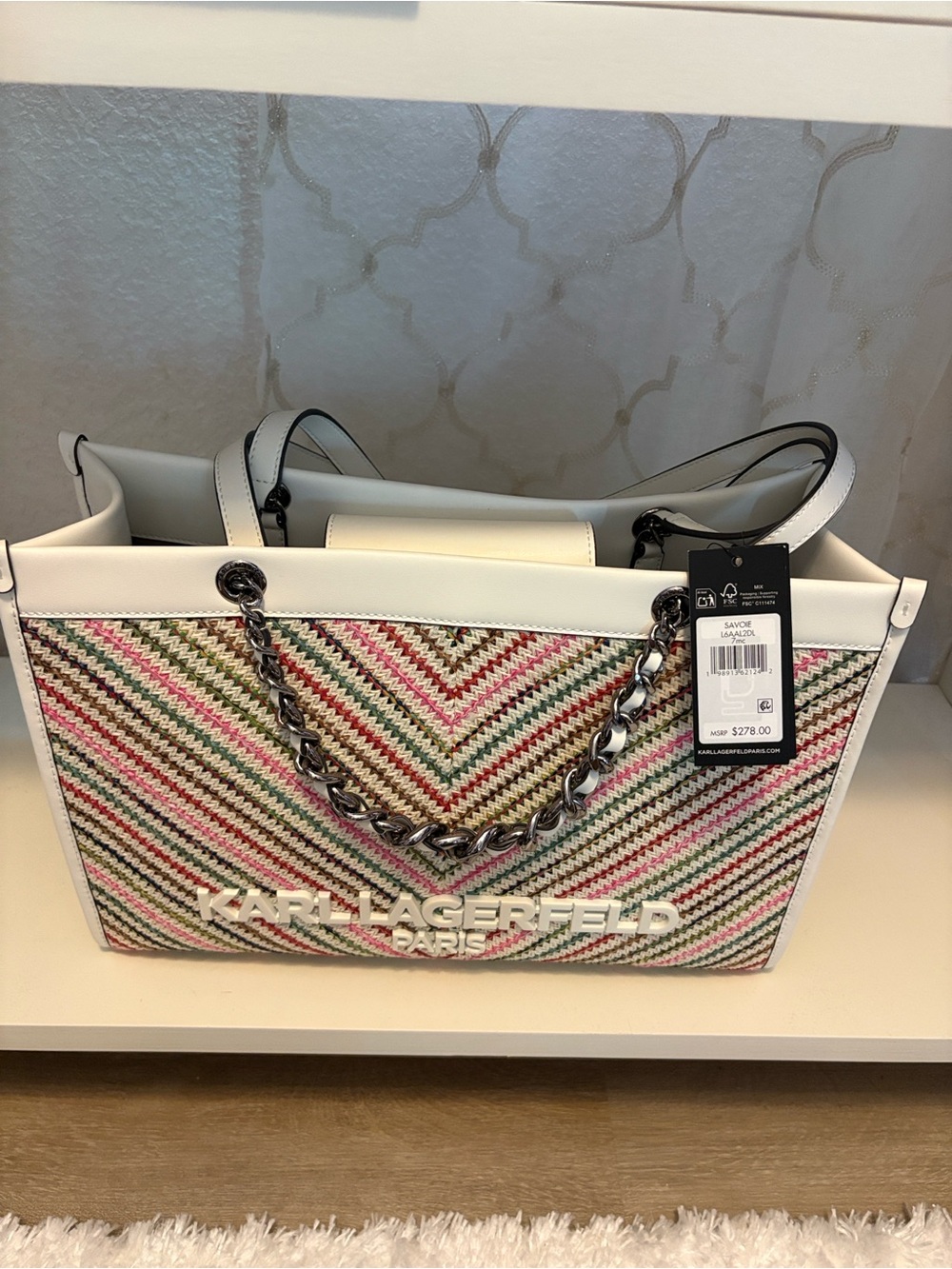 Karl Lagerfeld White Multicolor Woven Tote with Chain Strap
